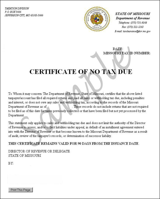 No Tax Due Certificate Confirmation Letter